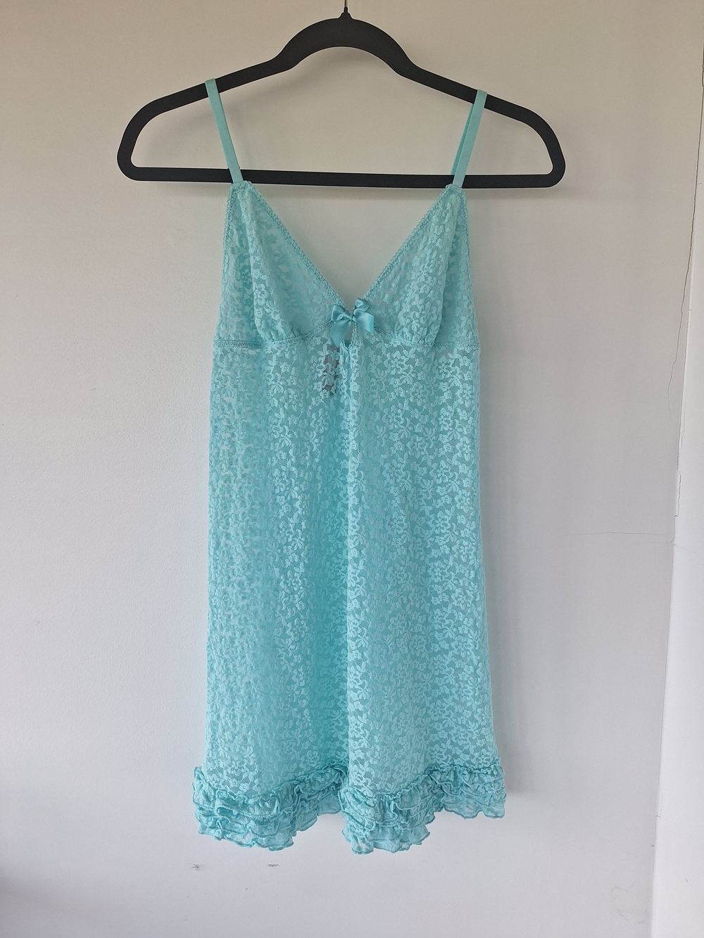 Victoria's Secret Vintage Y2K Aqua Blue Lace Ruffle Babydoll Chemise Slip Linger